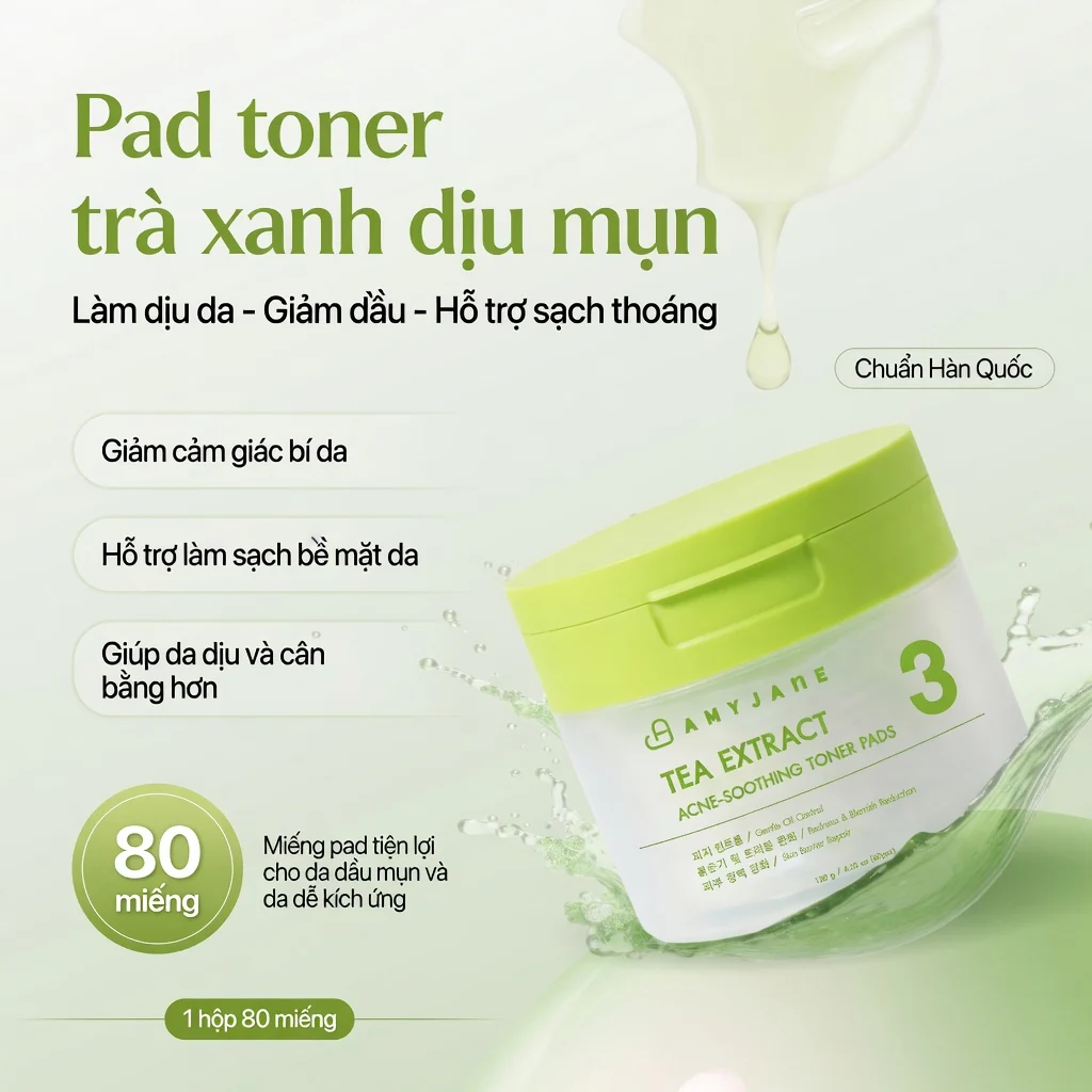 AMYJANE Tea Extract Acne-Soothing Toner Pads 80-pad jar and daily-care features